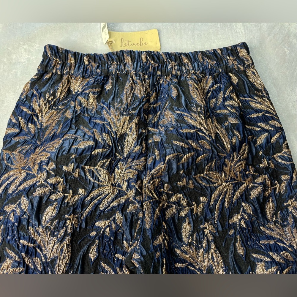 Anthropologie Navy with Gold Leaf Jacquard Wide Leg Pants Size Medium NWT - Picture 7 of 16